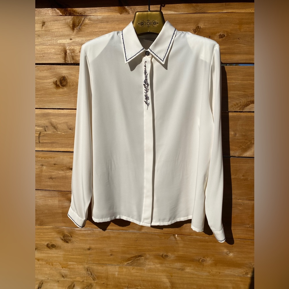 Vintage KORET Embroidered Floral Ribbon Blouse size 16 petite